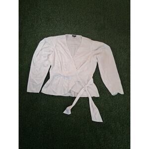 Express White Satin Textured Wrap Blouse Long Puff Sleeve V-Neck Top Women's L